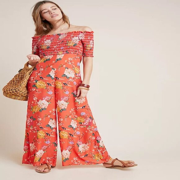 FARM Rio Pants - Farm Rio Orange Floral Paraiso Off Shoulder Jumpsuit XS